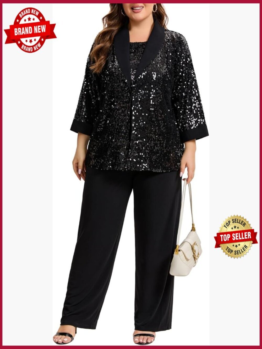3 Piece Mother of the Bride Pant Suit with Sequin Jacket, Plus Size Formal